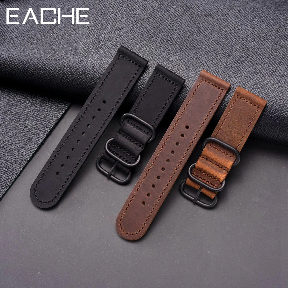 EACHE Two Parts Round Buckle Ring Natural Cattle Hide Watch Strap Genuine Leather Watch Band 20mm 22mm 24mm