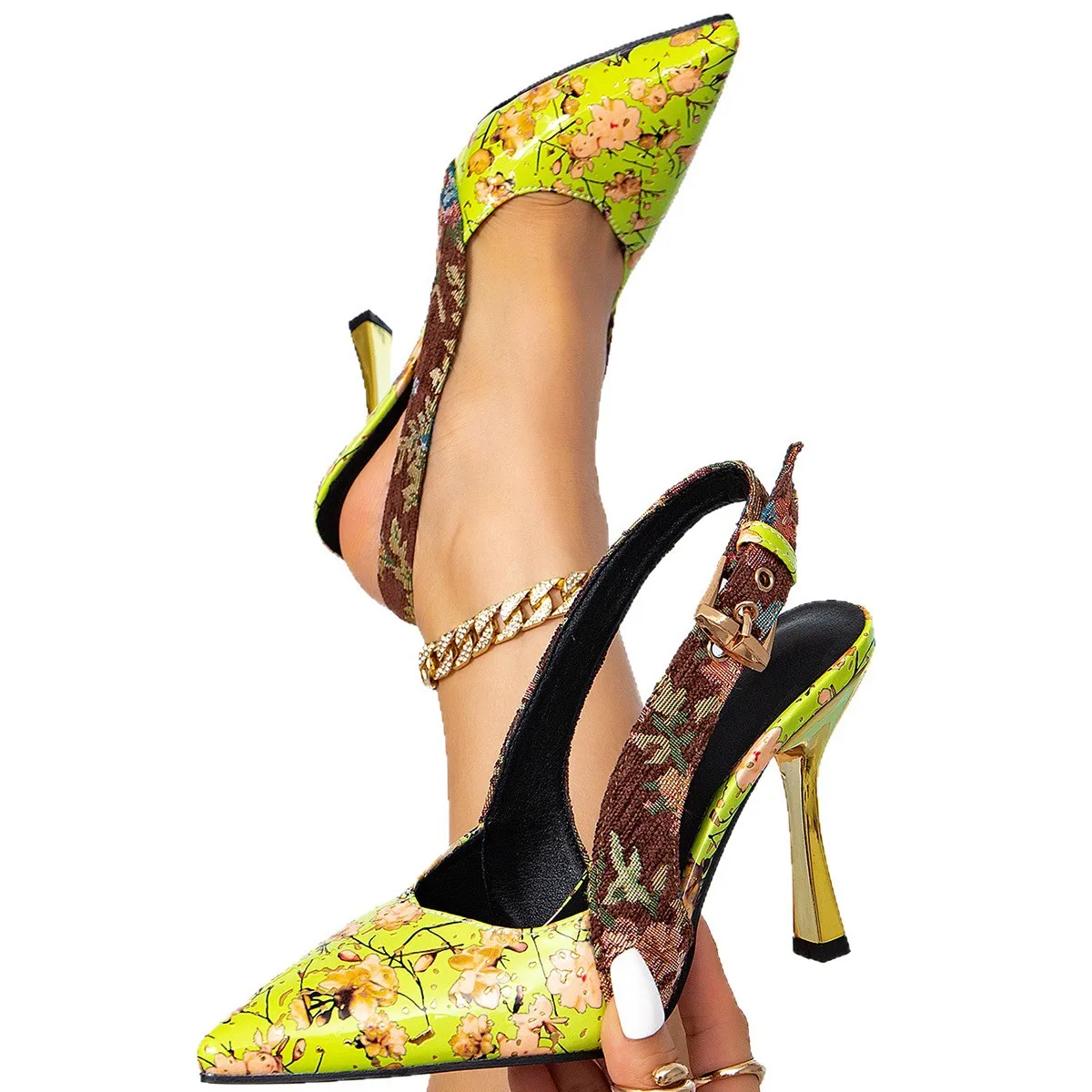 Women's Neon Yellow Green Floral Print Slingback High Heels Pointed Toe Metallic Heel Retro Party Sandals with Buckle