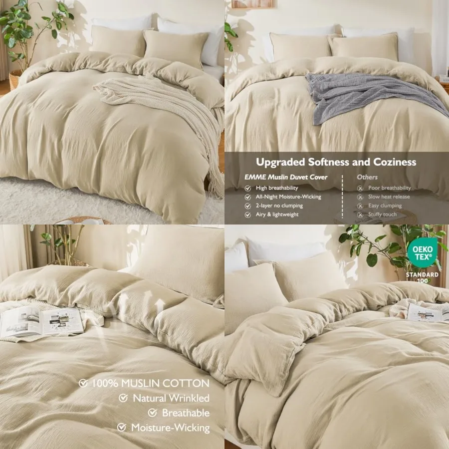

Muslin Cotton Duvet Cover Set Size Linen Like Soft Breathable Lightweight Summer Comforter Cover Set with Zipper Closure,90"x90