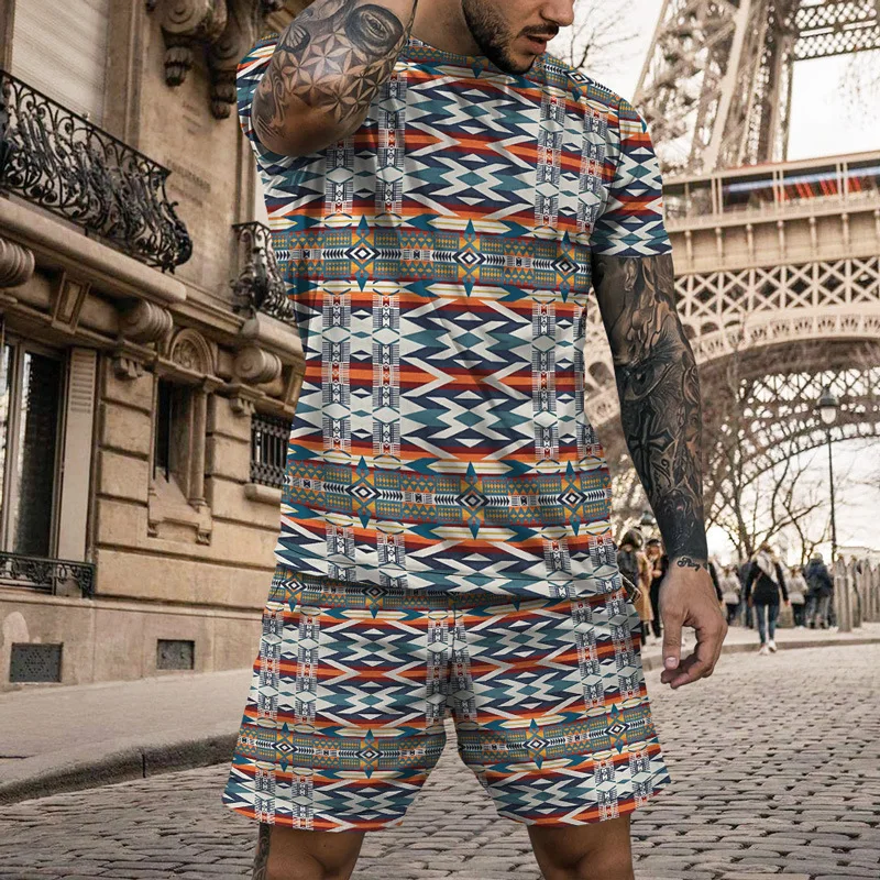 Summer Street Ethnic Style Print Men\'s T Shirt+Shorts 2PCS Outfits Casual Shorts Sets 3D Oversized Man Clothes O-Neck Tracksuit