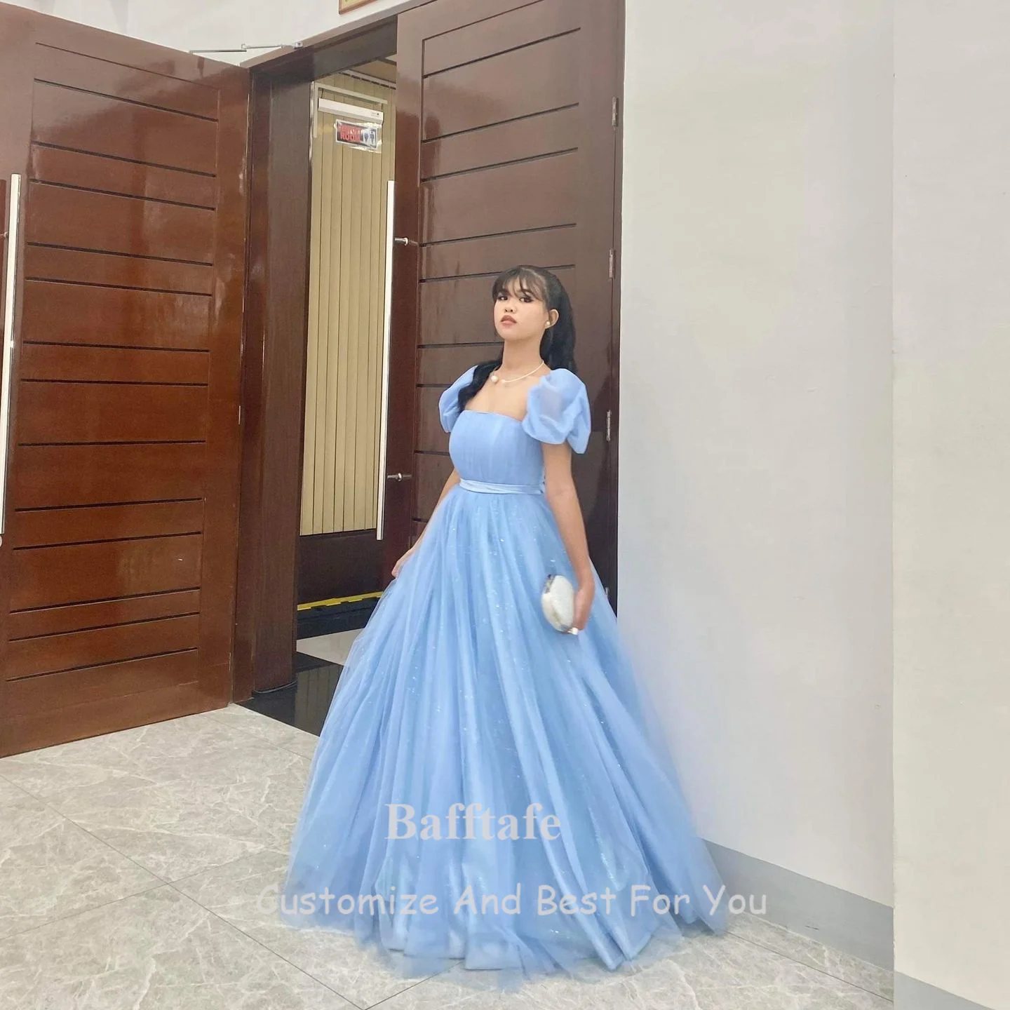 Customized Sparkly Tulle Short Sleeves Korea Prom Dresses Sky Blue Women Evening Gowns Formal Party Wedding Photo Shoot Wear