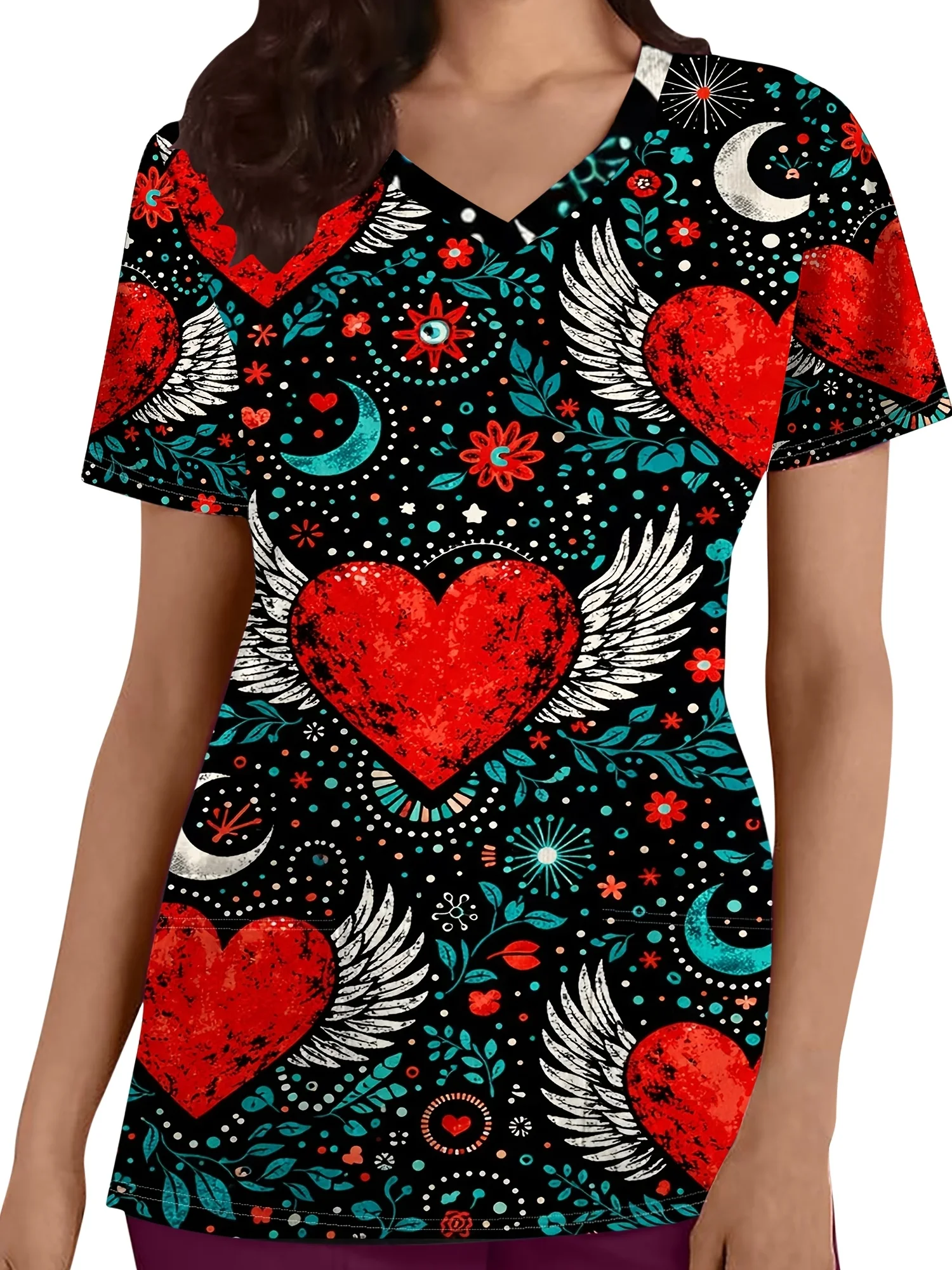 

Vintage Cartoon Winged Heart Print Nurse Uniform 3D Printed Top V Neck Pocket Medical Uniform Nursing Surgical Top Work Clothes