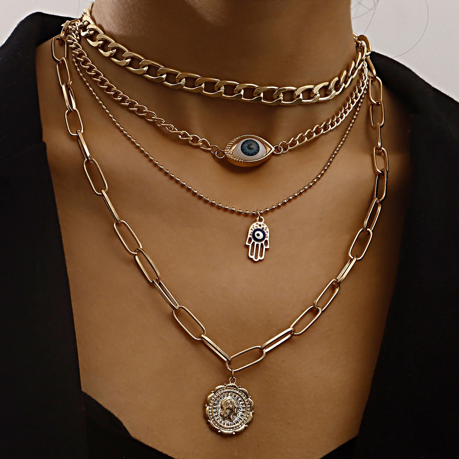 

WAKA Layered Chain Choker Necklace Set for Women Eye Hand Pendant Statement Jewelry Boho Punk Gothic Y2K Fashion Accessories