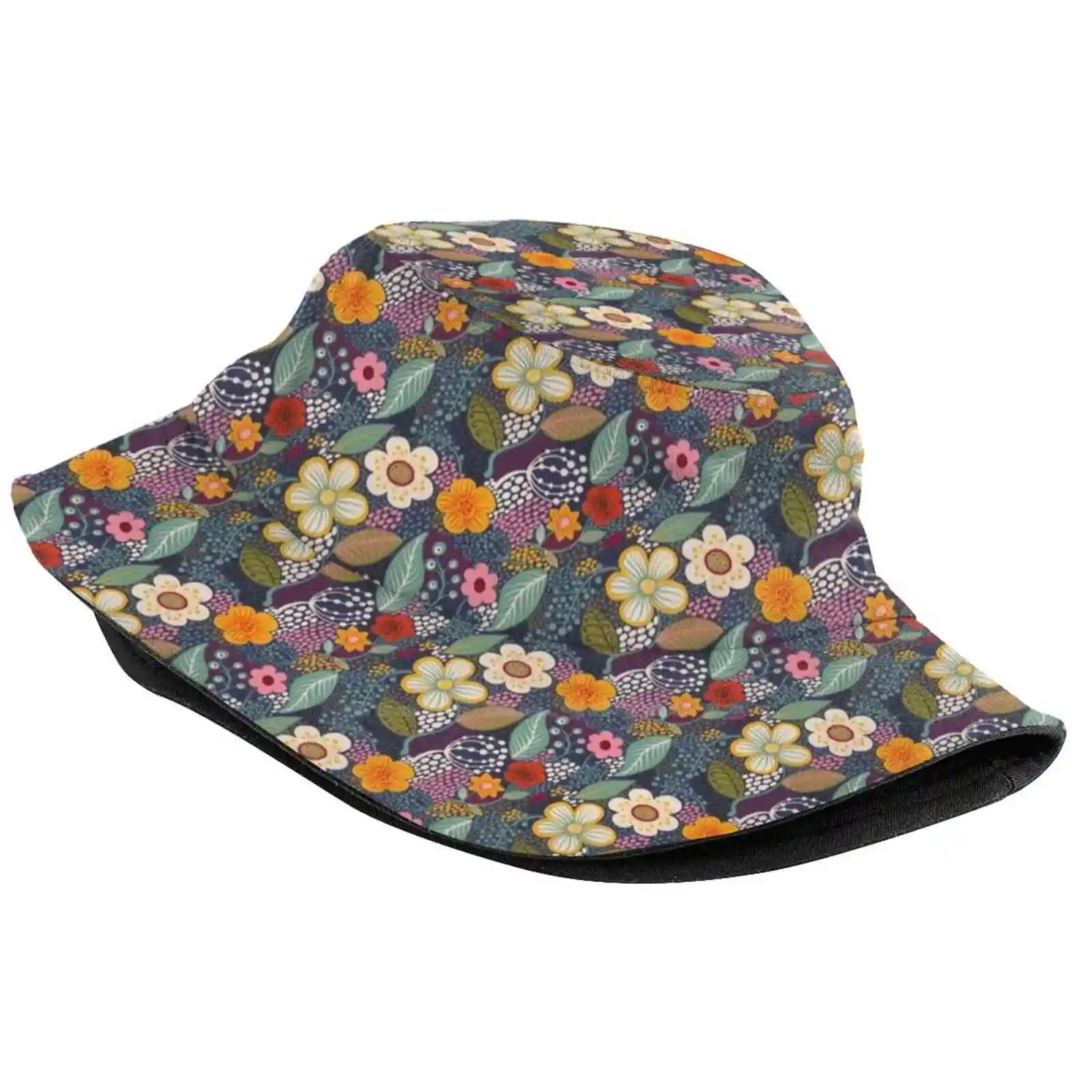 Secret Garden 2 Unisex Fashion Women Men Breathable Bucket Hats Floral Flower Surface Pattern Navy Blue Yellow Secret Garden