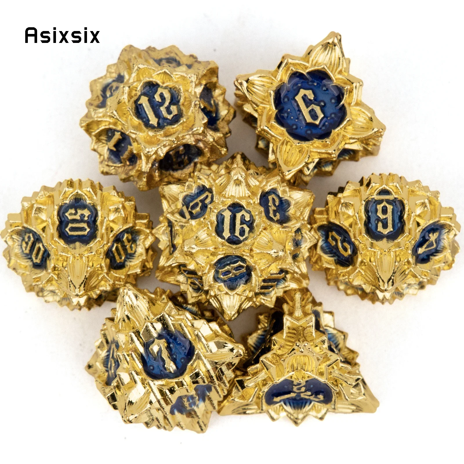 

7 Pcs Golden Blue Lotus Flower Metal Dice Solid Metal Polyhedral Dice Set Suitable for Role-Playing RPG Board Game Card Game