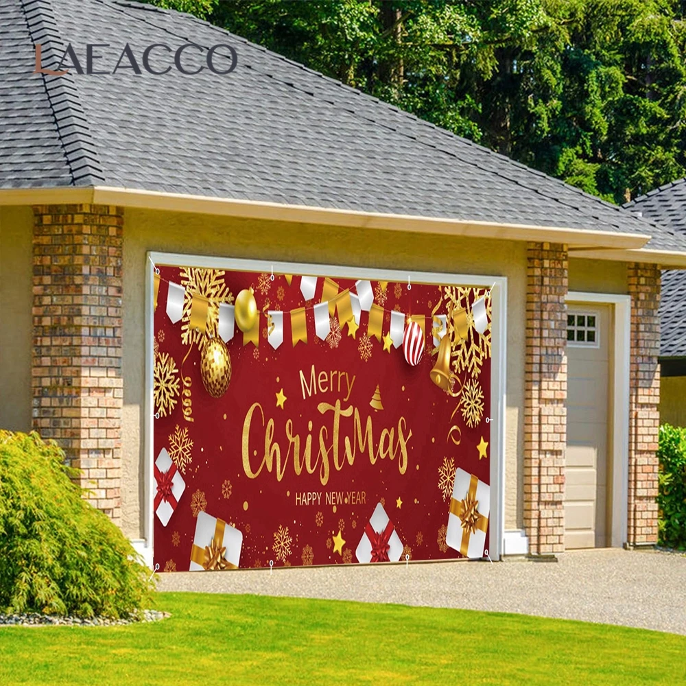 Christmas Garage Door Backdrop Decor Xmas Tree Santa Claus Red Banner Hanging Outdoor Festive Party Photo Background Decoration