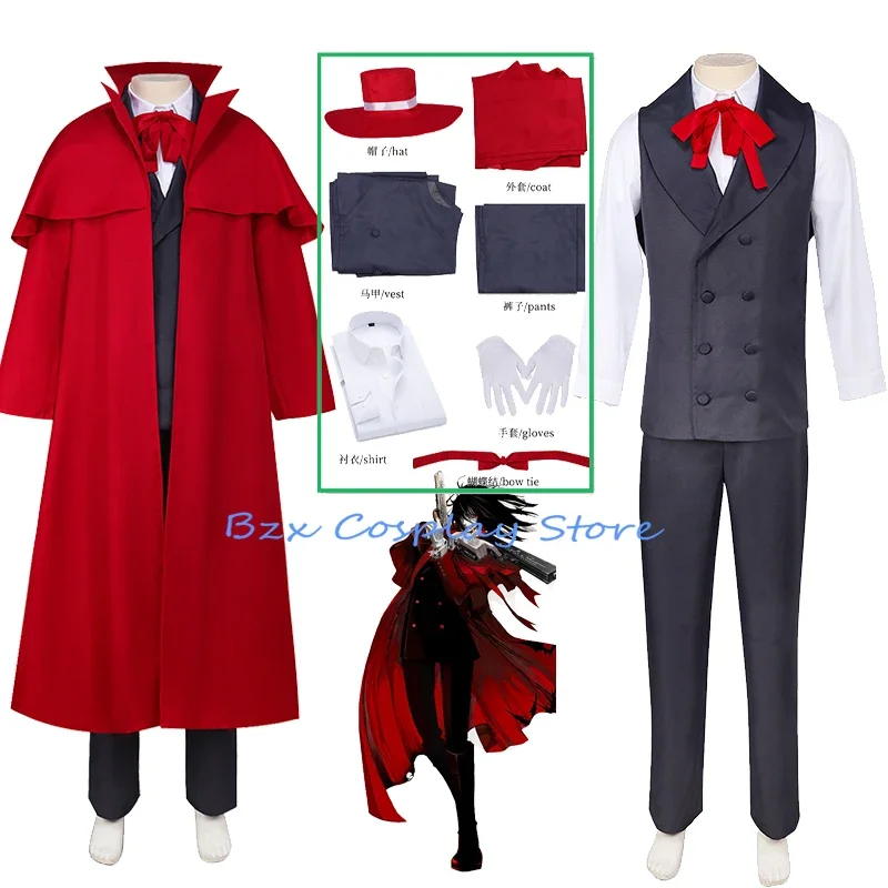 

Alucard Cosplay Anime Hellsing Costumes Red Uniform Trench Vest Hat Suit Halloween Party Role Play Outfit for Men Women Clothes