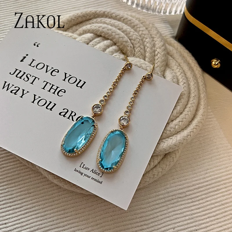 ZAKOL Fashion Long Tassel Dangle Earrings for Women Sea Blue Oval  Zircon Bridal Earring Girls Wedding Party Jewelry 2023 New