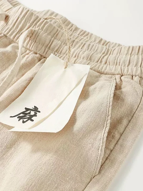 الصيف رقيقة القطن الكتان الرجال فضفاض الرياضة سراويل تقليدية الكاكي واسعة الساق مستقيم قطع مرونة الخصر منتصف الارتفاع تسع نقاط