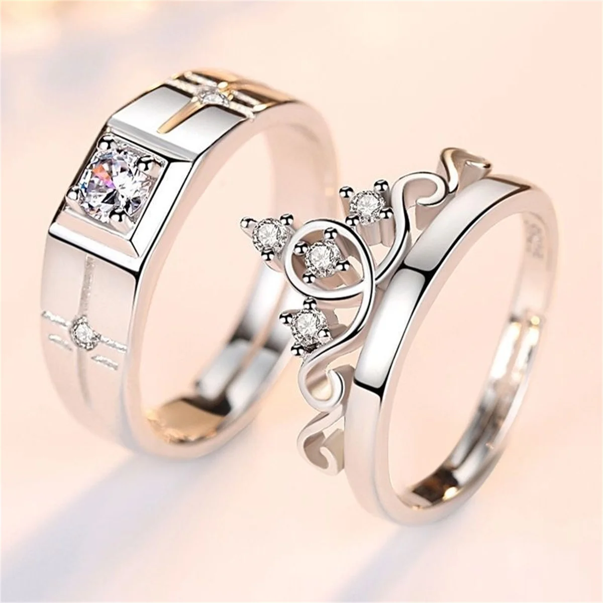 2Pcs/set Silver Plated Crown Square Couple Rings For Women Men Punk Forever Endless Love Wedding Ring Valentine's Day Jewelry