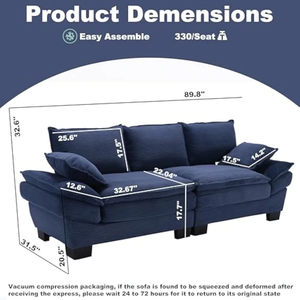 Modern Loveseat Couch Sofa,89'' Corduroy Upholstered 2-Seat Sofa, Sectional Love Seat Furniture with 2 Pillows with Movable Armr