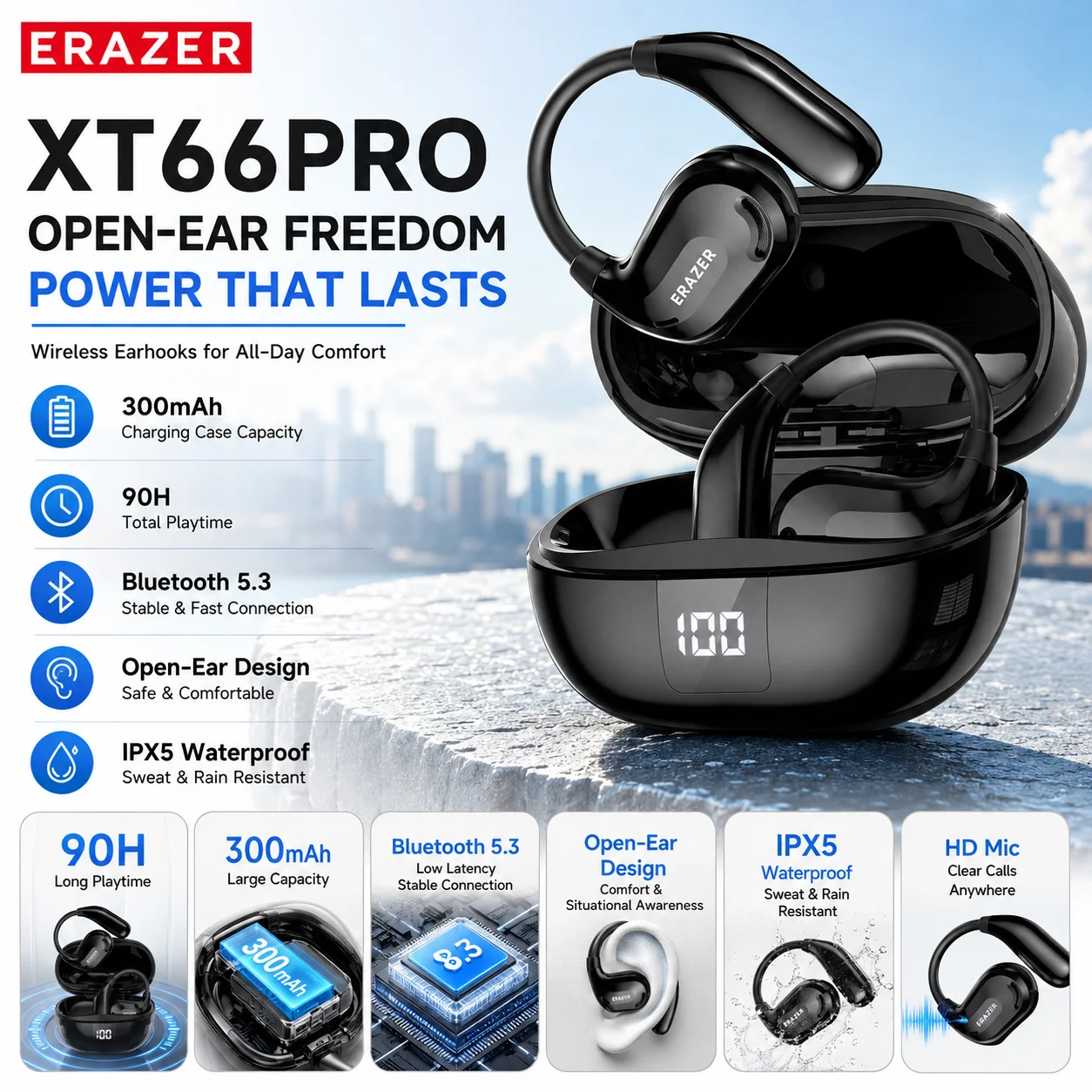 Erazer XT66PRO TWS Kabellose Ohrhörer mit KI-Übersetzung, Bluetooth-Kopfhörer, ENC-Geräuschunterdrückung, Touch-Steuerung, Ohrhörer für Sport