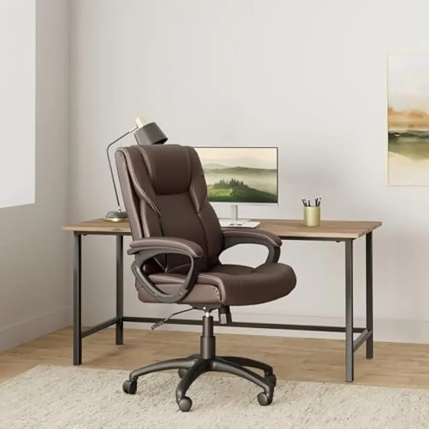 Style Ergonomic Brown Office Chair Adjustable Height & Tilt Mechanism Soft Faux Leather Finish Professional Home Furniture