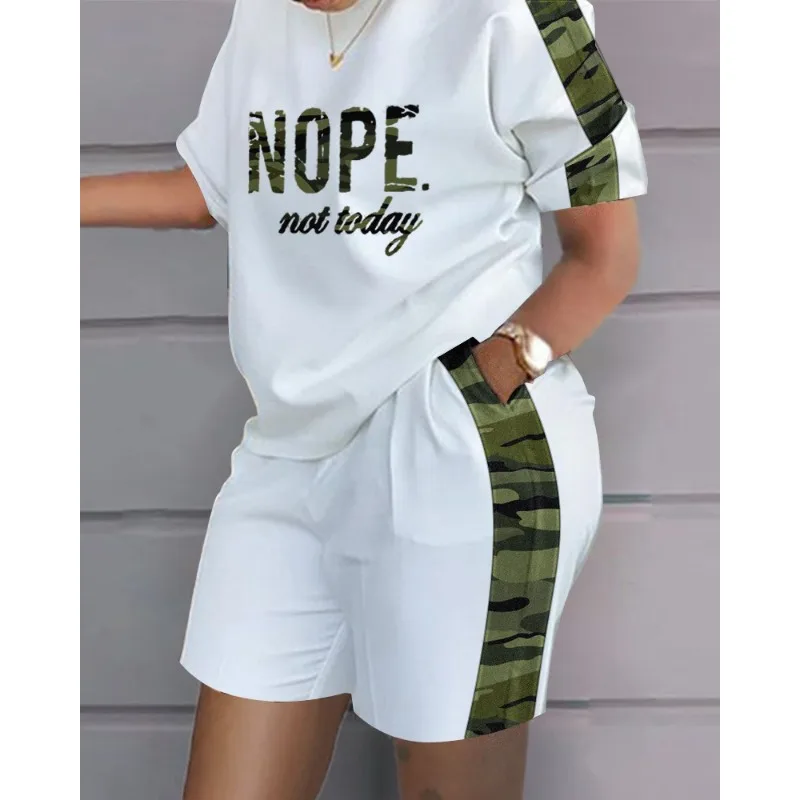 2024 Spring Summer New Women's Clothing round Neck Short Sleeve Top Casual Shorts Positioning Printing 2-Piece Set