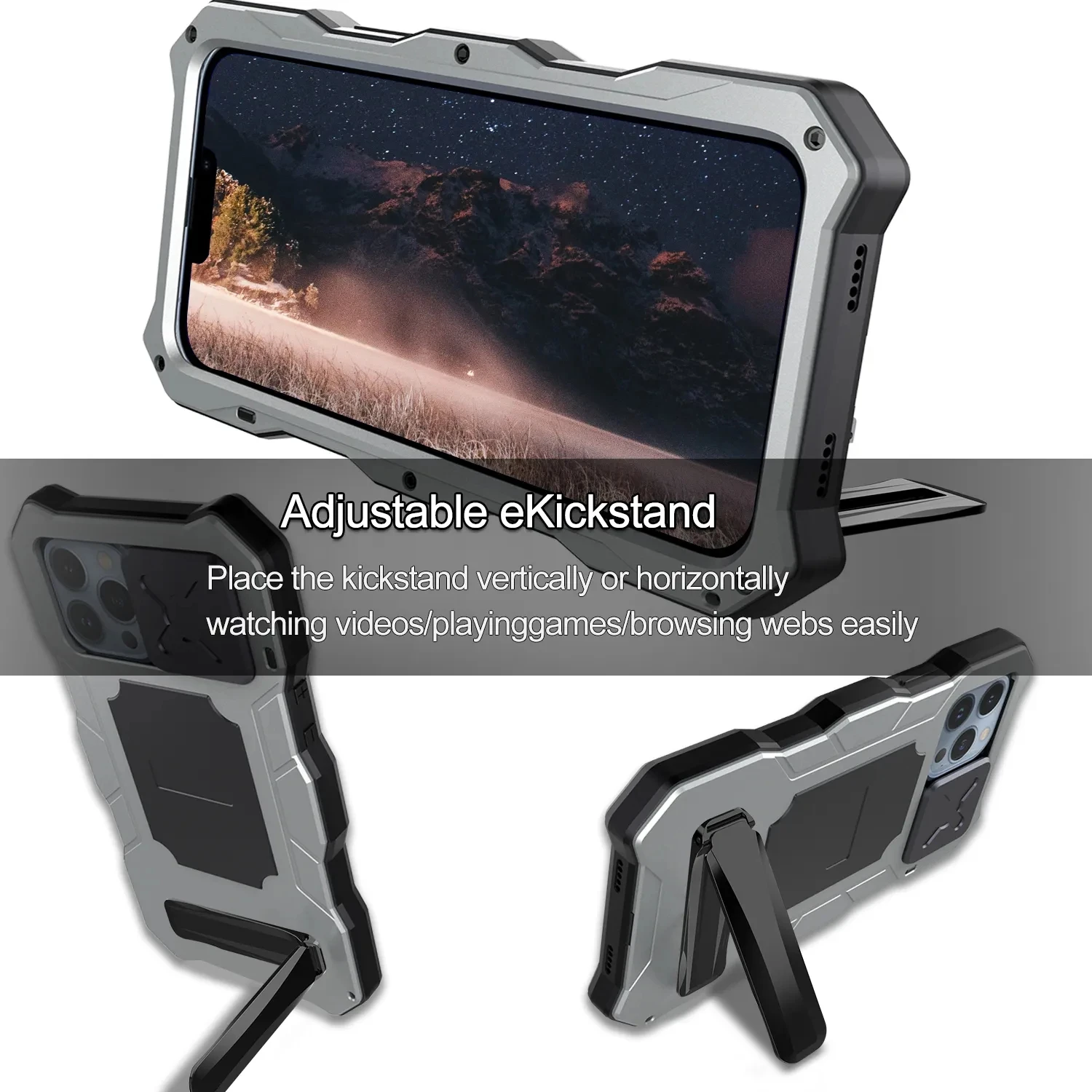 Heavy Duty Metal Phone Case For iPhone 12 13 14 Pro Max 14Plus Lens Protection Shockproof Armor With Kickstand Anti-fall Cover