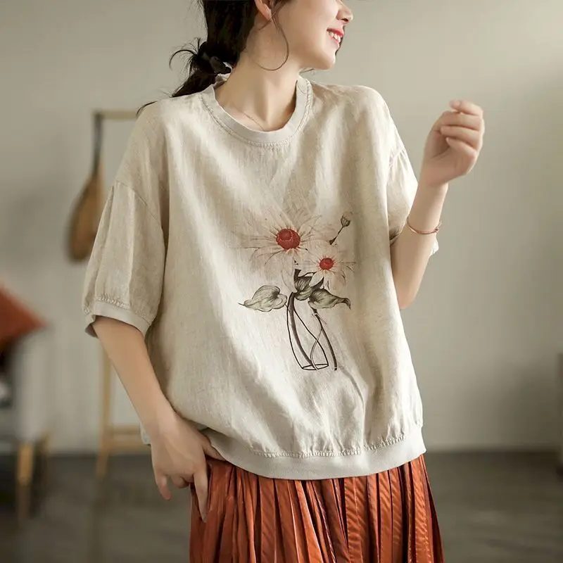 Cotton Linen T Shirts Women Art Nature Flower T-shirt Casual Loose Vintage Printed Short Sleeve Tops Summer Trend Thin Tshirt