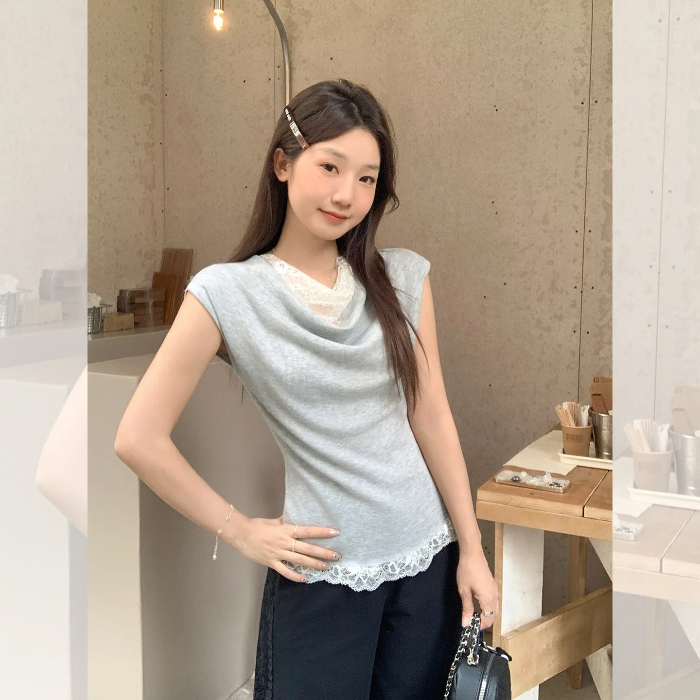 

Gentle Pure Desire Lace Patchwork Swing Collar Small Flutter Sleeve T-Shirt for Women Summer New Style Ruched Slimming Stunning