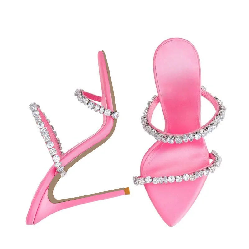 MKKHOU Satin RhinestoneStudded Mules Women Pointed Toe Thin Stiletto HighHeel SlipOn Backless Party Dress Sandals Women