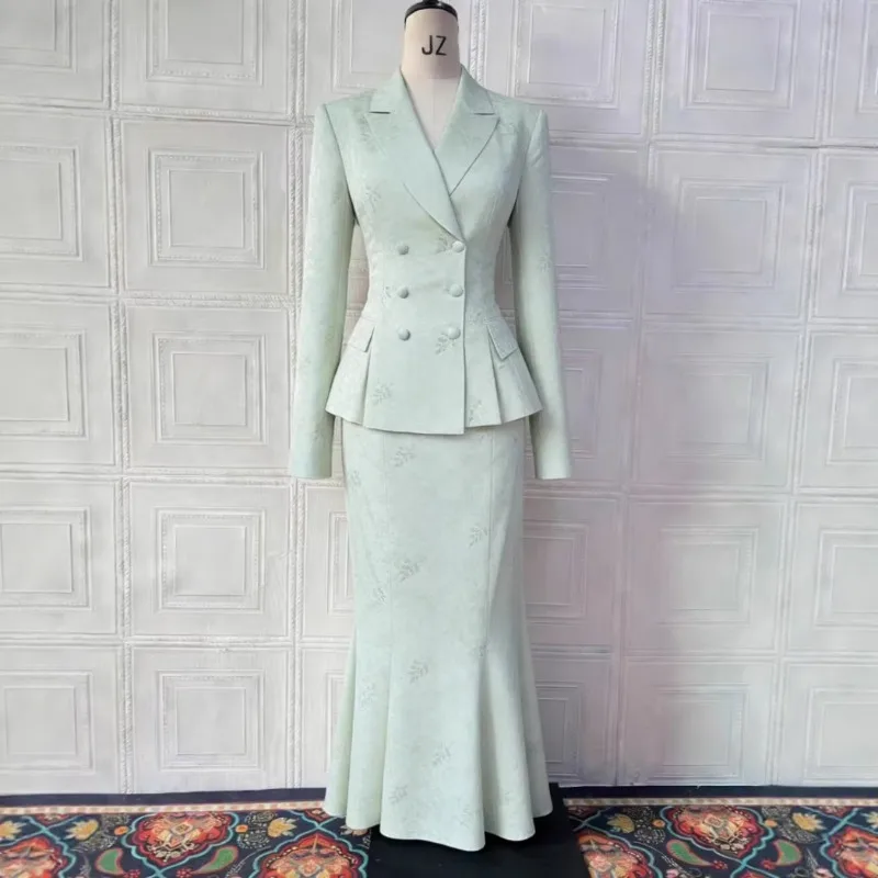 Pale Mint Satin Two-Piece Outfit Women Peak Lapel Double Breasted Jacket Floral Rhinestone Embroidery Flared Long Skirt Set
