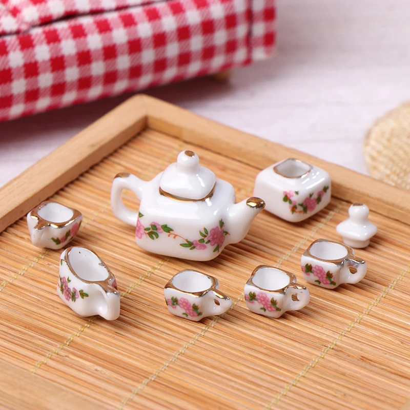 1Set 1:12 Dollhouse Miniature Ceramics Teapot Tea Set Mini Ceramic Kungfu Tea Set Kettle Cup Tableware Model Kitchen Decor Toys