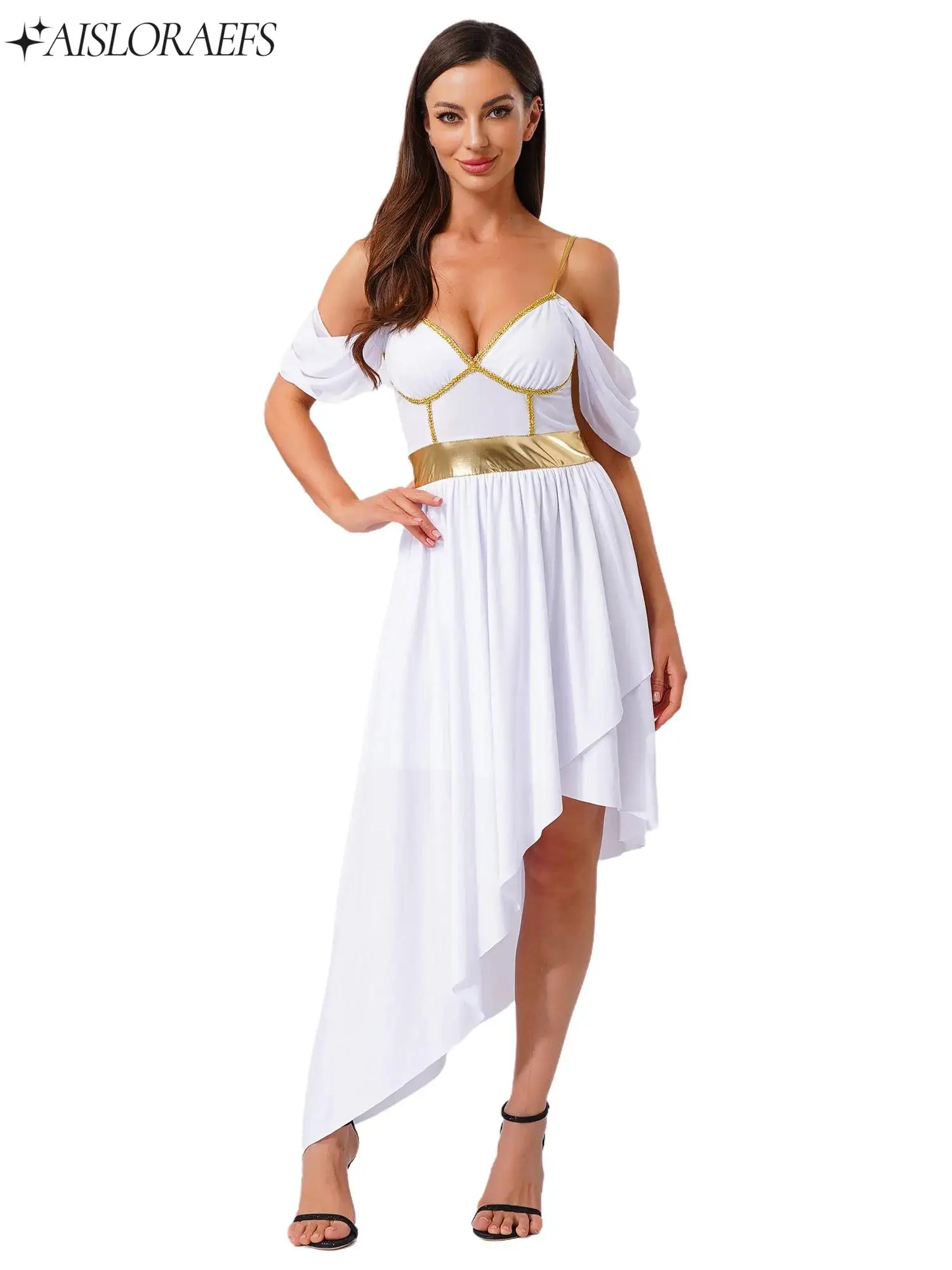 

Womens Ancient Greek Roman Queen Cosplay Dress Metallic Shiny Off Shoulder Asymmetrical Hem Sling Dress Halloween Party Costumes