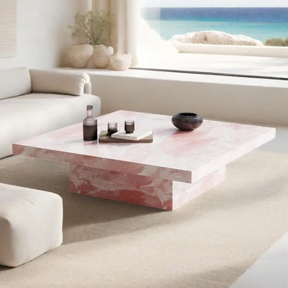 

"Pink Jade Marble Coffee Table - Luxury Stone Square Tea Table, Designer Living Room Centerpiece for Modern Home"