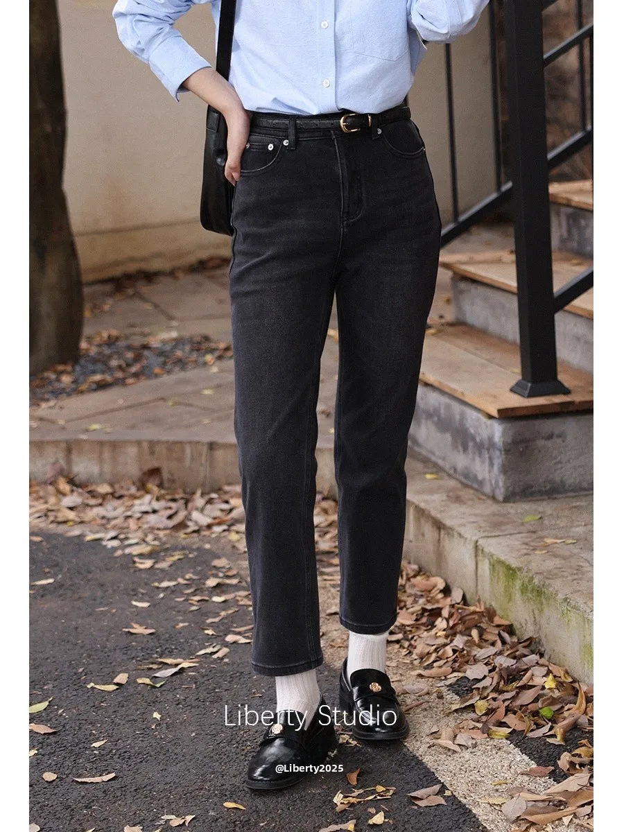 Casual Fce Lined Denim Trousers High Waist Button Detail High Comfortable Autumn Commute Sle Women's Ankle Length Pants