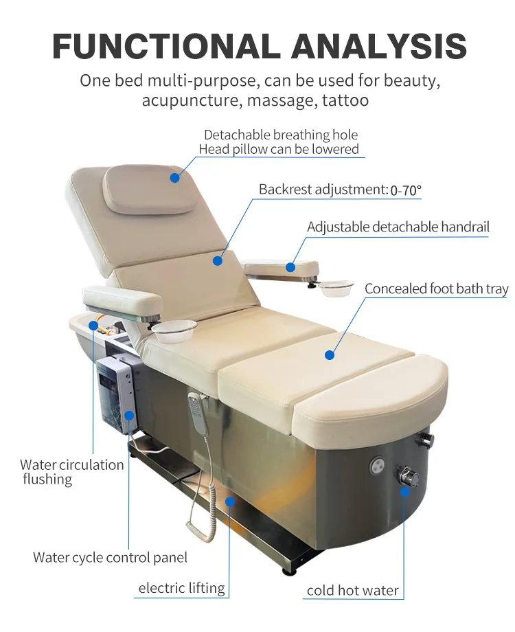 Sillón de peluquería con elevación de espalda, masaje de pies, lavacabezas, mesa de pedicura y spa capilar, cama de champú con luces LED, cama de spa capilar