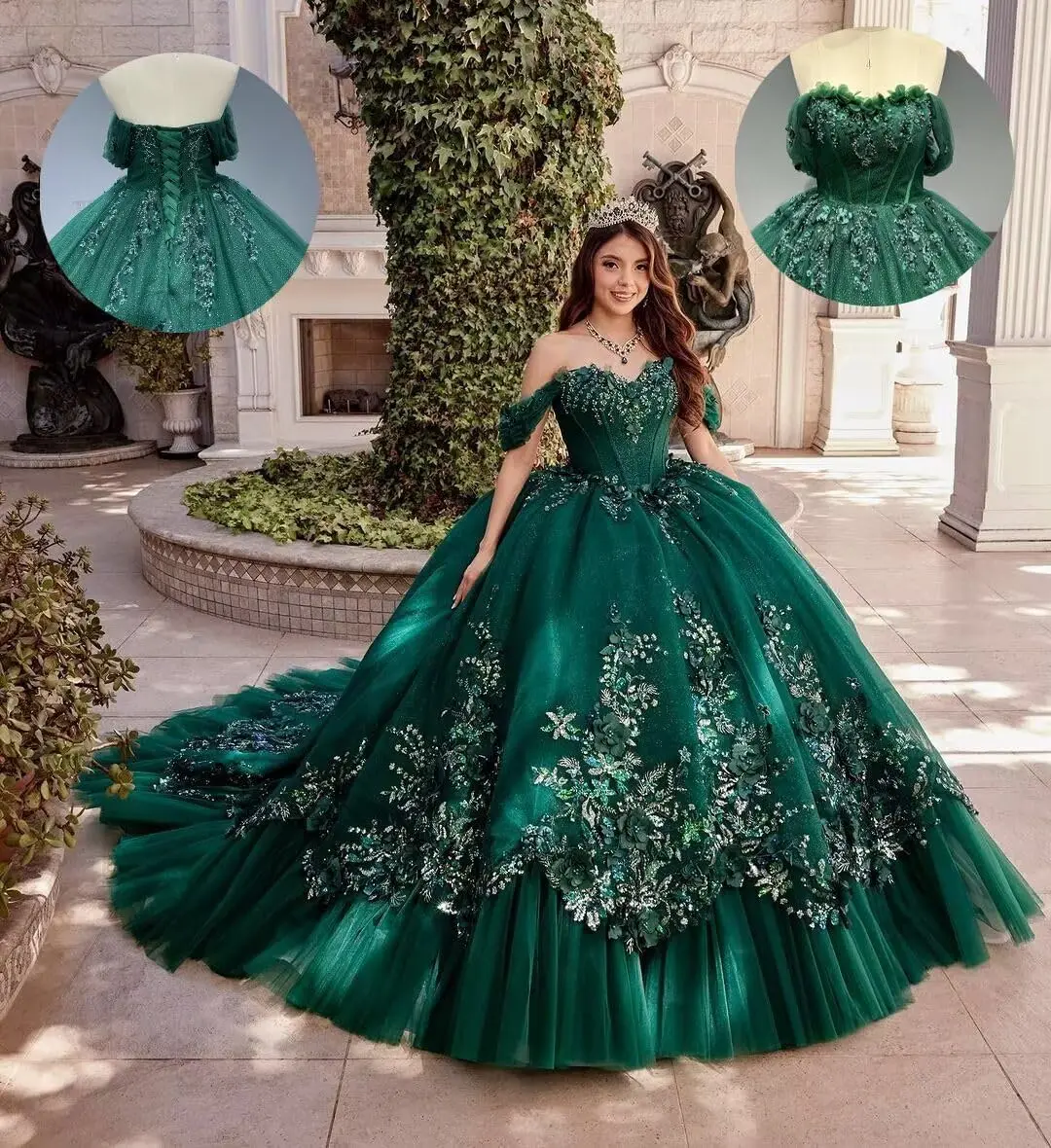 

Customized Glitter Tulle Quinceañera Dresses Off Shoulder Ball Gowns 3D Lace Flowers Sweet 15 16 Prom Dress Elegant Beaded Dress
