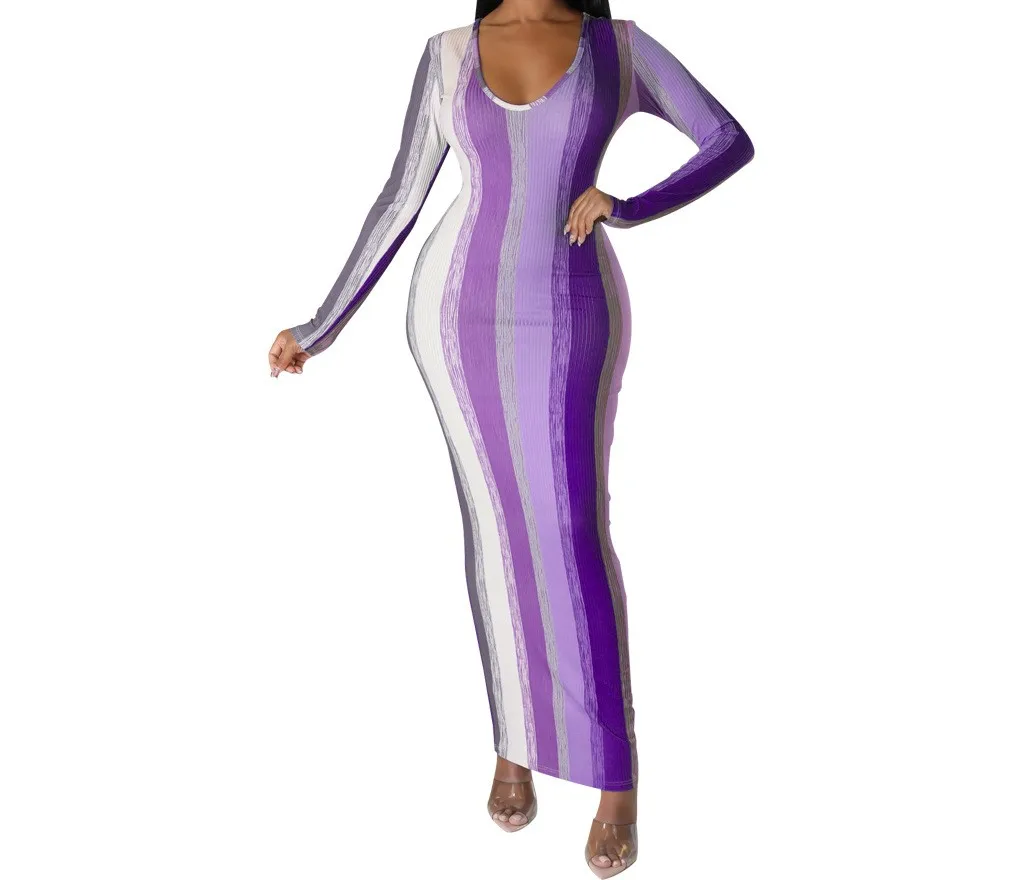 Damen Gestreiftes Geripptes Bodycon Maxikleid Langarm Rundhalsausschnitt Figurbetont Buntes Lässiges Partykleid – Detail 3