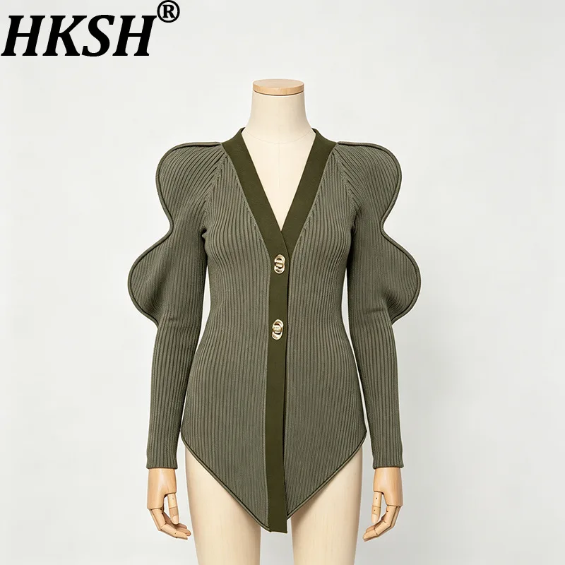 Женский свитер-кардиган HKSH, элегантный, модный, с V-образным вырезом, волнообразным дизайном, пэчворком, пуговицами, длинными рукавами, облегающий, вязаный, осенняя новинка HK27096
