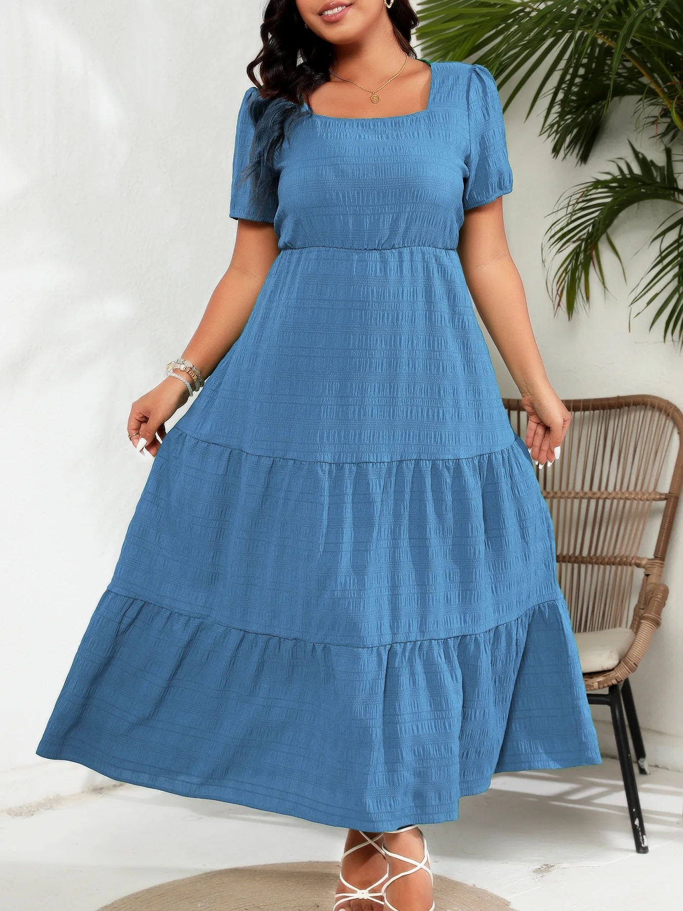 

Plus Size Dress For Women Summer Long Dress Square Collar Dress Wrinkle Puff Sleeve Elegant Chic Streetwear Clothing Ladies 2025