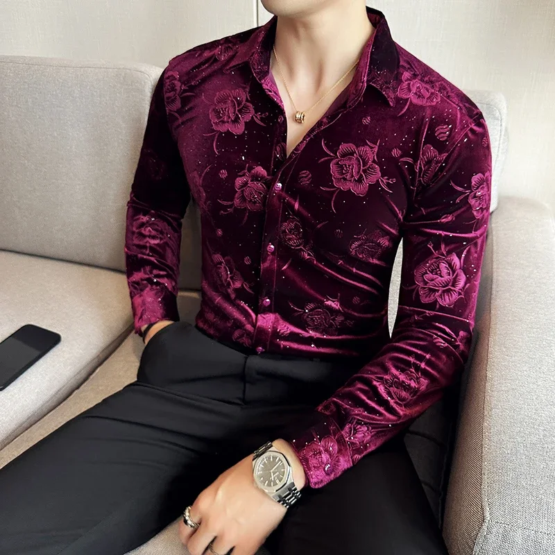 Men\'s Autumn Winter Velvet Flower Shirt New Luxury Printed Long Sleeved Casual Business Dress Shirts Formal Social Party Tuxedo