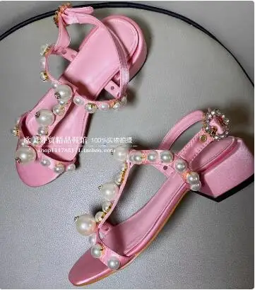 

Sweet Girls Pink Genuine Leather Pearl Beading Bling Crystal Rhinestone Open Toe T Ankle Strap 35 mm Med Heels Summer Sandals