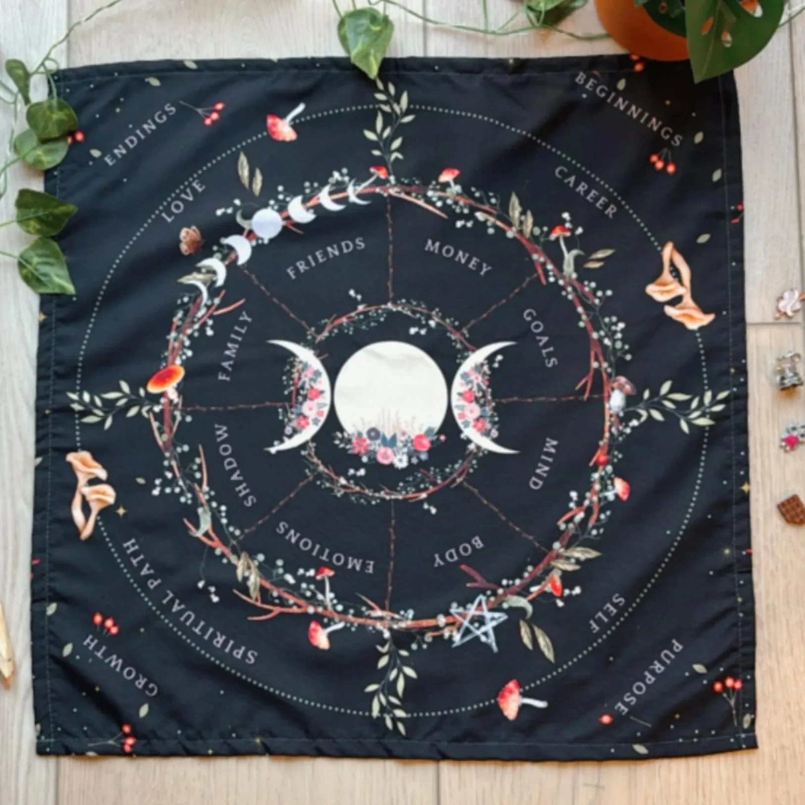 Charm Casting Cloth with Triple Moon, Witchy Divination Mat for Runes & Lithomancy, Pagan Altar Cloth, Flat Print Spiritual Deco