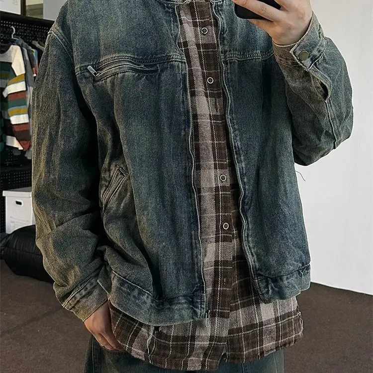 

Retro American Waed Distred Zipper ket Denim Jaet ex Trendy Loose Versatile Outerwear Top for Youth