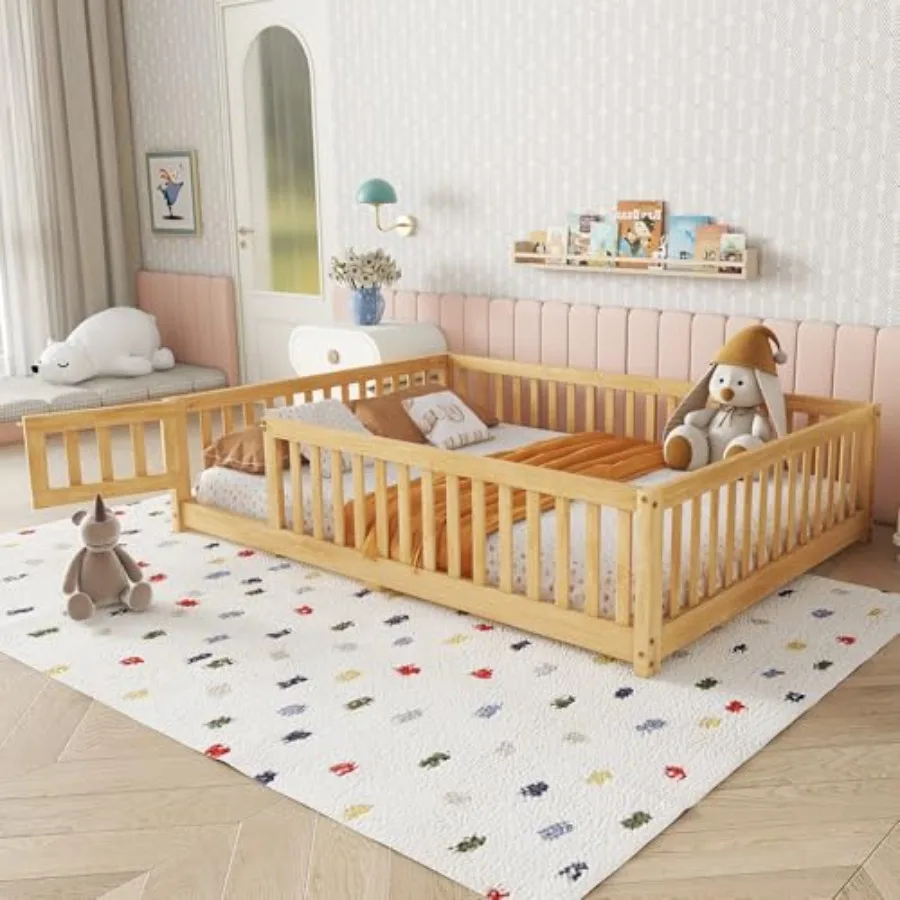 

Full Size Floor Bed with Slats and Safety Guardrail Full Size Montessori Floor Bed with Fence and Door Easy Assemble Montessori
