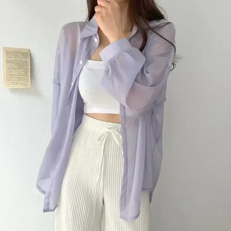 

8 Colors Shirts Women Sheer Thin Chic Summer Simple Solid Sun-proof Temper Fashion Baggy All-match Basic Korean Style Clothes