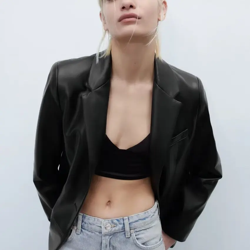 بدلة تأثير جلدية مستقيمة الساق من Faionable Jaet للسيدات لخريف وشتاء وصلت حديثًا من ألياف البوليستر ZR Sle جاهزة للتنقل #2