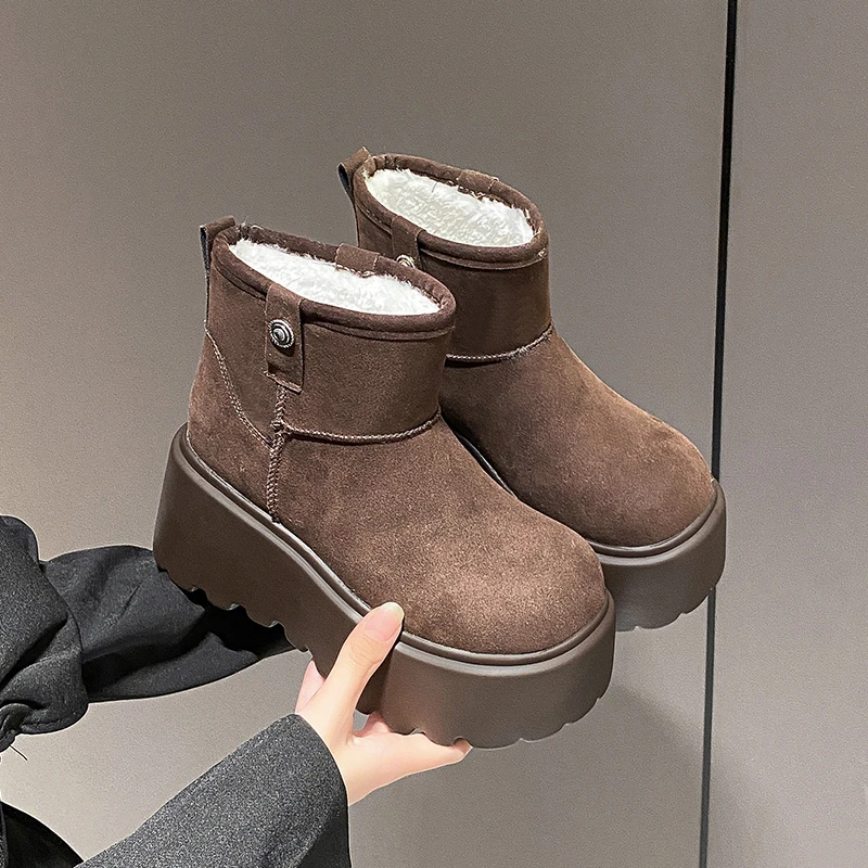 10cm Women Fur Snow Boots Suede High Heels Cotton Shoes Short Plush Casual Platform Ankle Boots Trend Winter Warm Botas De Mujer