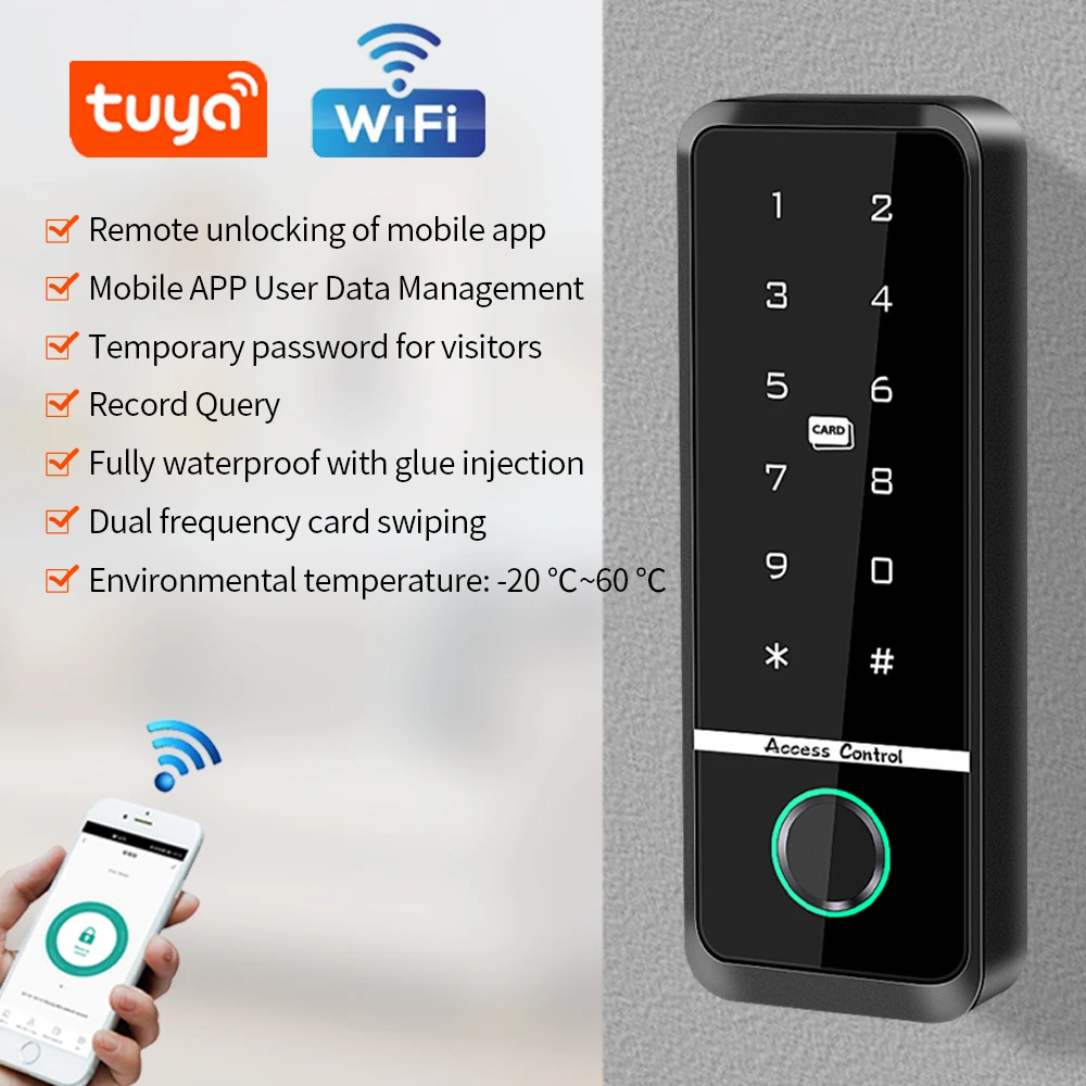 Dual Frequency WiFi Tuya Access Control Keyboard Fingerprint Door Lock ID+IC Card Reader Controler Keypad Waterproof Door System