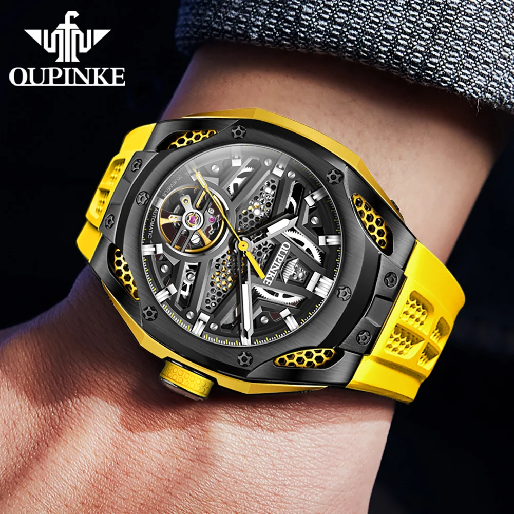 OUPINKE 9003 Original Luxury Brand Automatic Mechanical Men\'s Watches Silicone Strap Full Hollow Out Men\'s Wristwatches Fashion