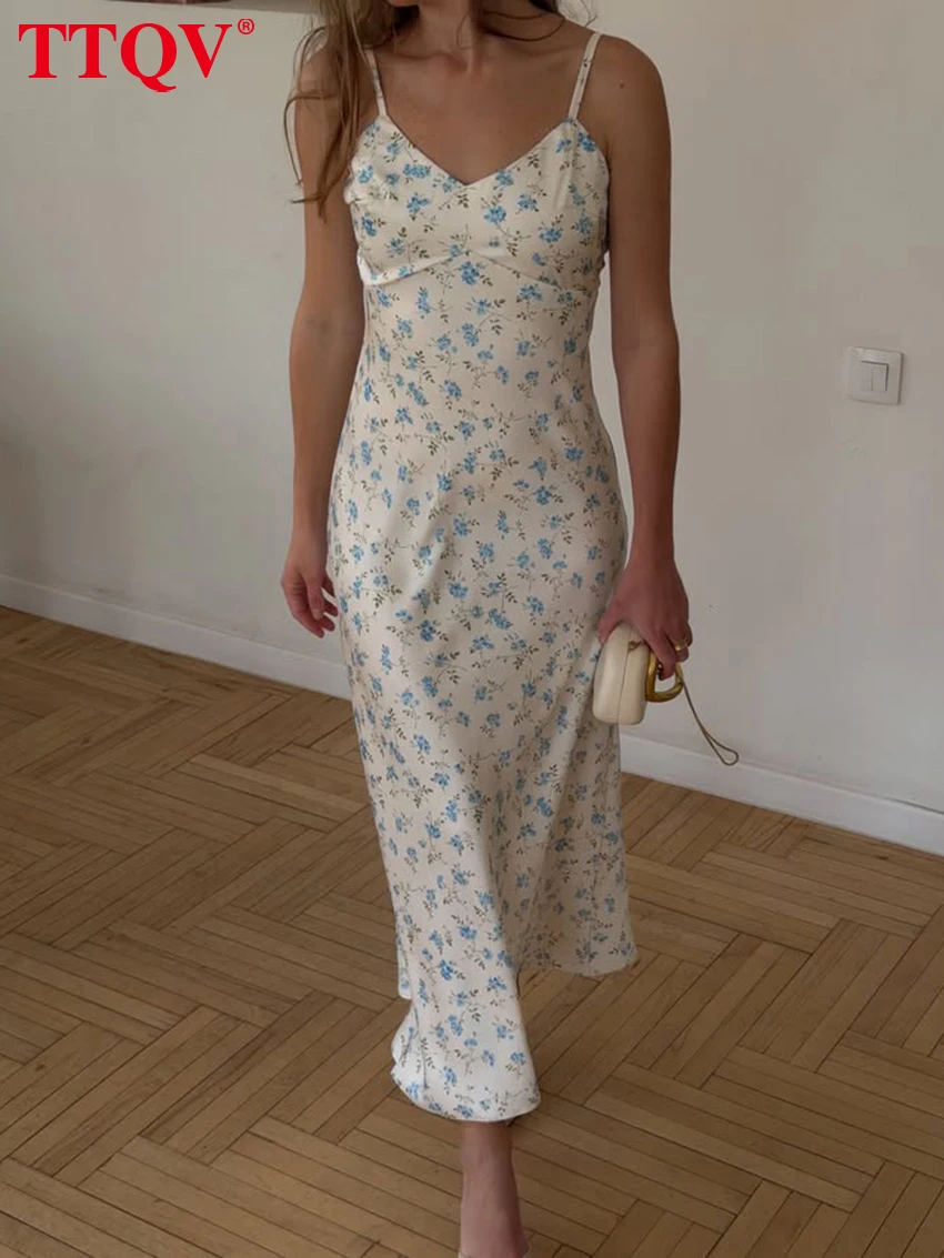 

TTQV Summer Slim Print Women's Dress 2026 Sexy Strap Sleeveless Ankle Length Dresses Elegant Classic Female Dress Streetwear