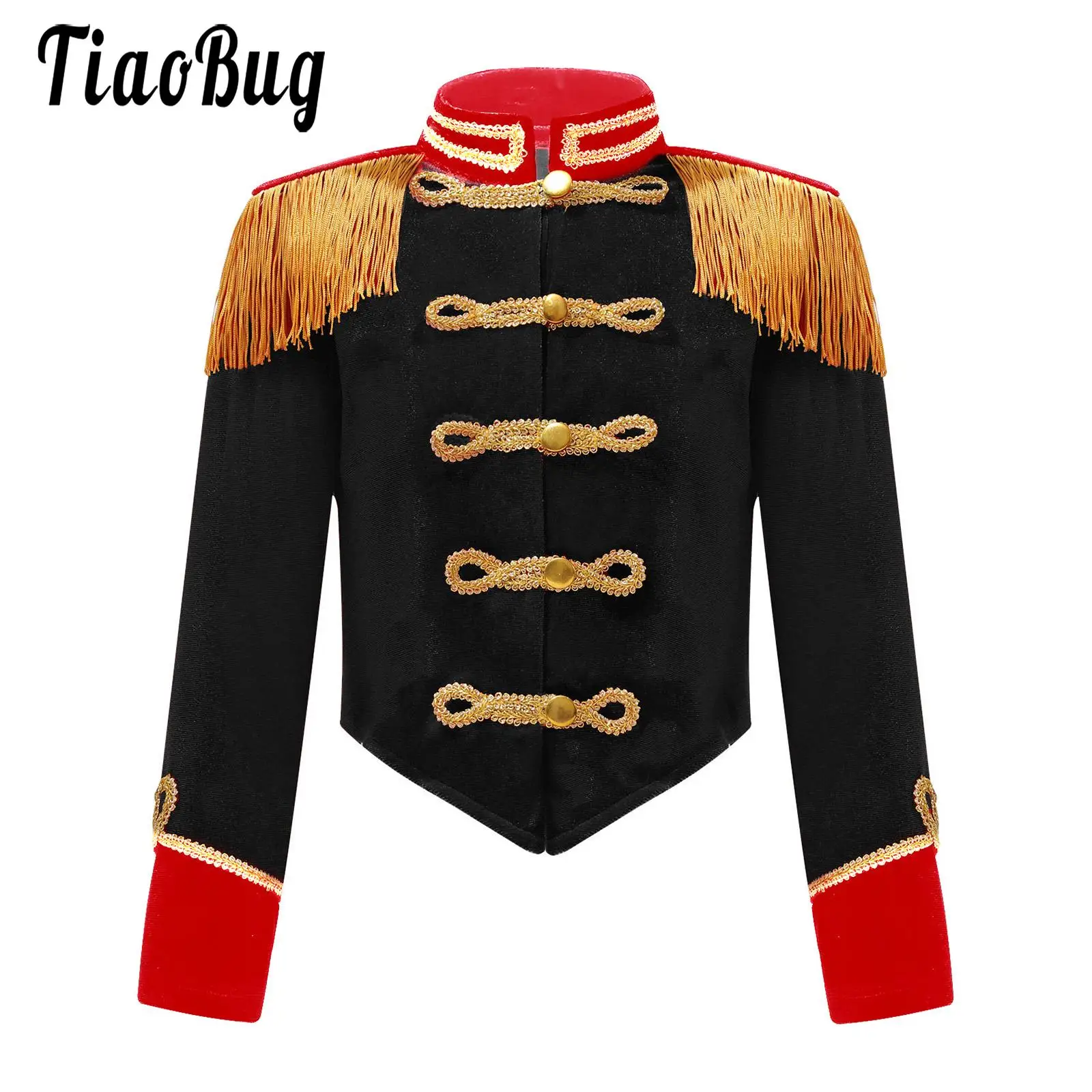 

Girls Halloween Circus Ringmaster Role Play Top Stand Collar Tassel Jacket Kids Ringleader Drummer Major Cosplay Stage Costume