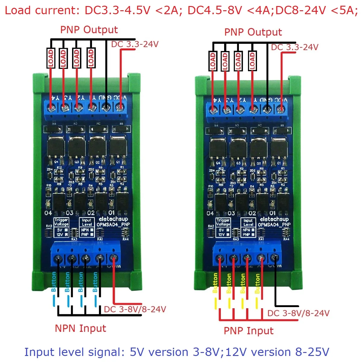 Amplificador de sinal de nível lógico digital, dc 3.3-24v 4ch 5a npn/pnp driver led opmsa04 para arduino raspberry pi pico esp32 esp8266