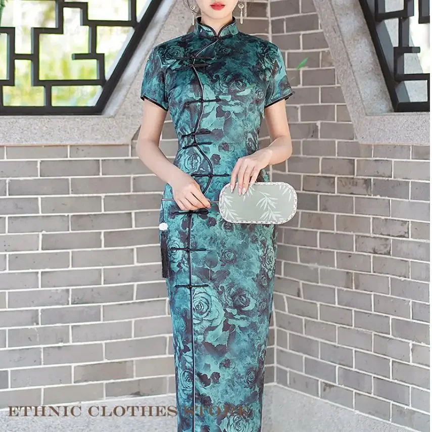 จีนแบบดั้งเดิมยาว Qipao พิมพ์ดอกไม้ซาตินชุดจีน Cheongsam Vintage คลาสสิก Qipao Vestidos ชุดราตรี 3XL