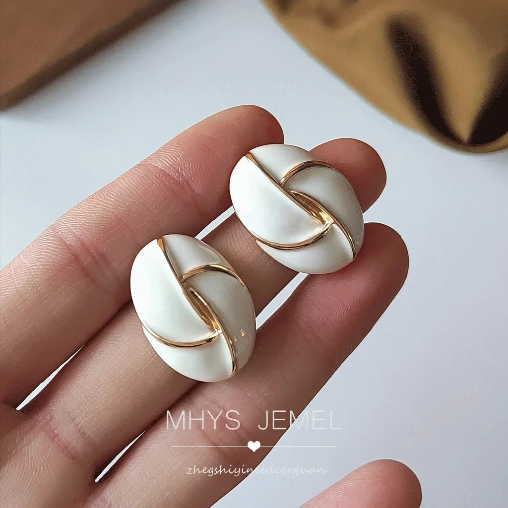 Cream Color 925 Silver Needle Plated 14K Drop Glaze Oval Geometric Earrings Female Temperament Earrings Factory Earrings