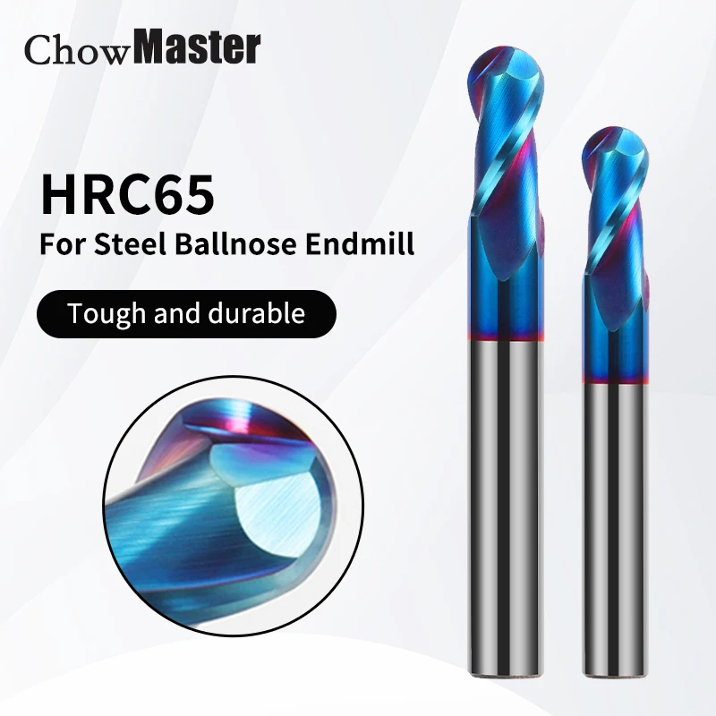 Chowmaster Fresa de Ponta Esférica Hrc65 Flauta Azul Nano Revestimento Fresa de Carboneto para Aço 50 60 75 100 150 mm Ferramentas Cnc