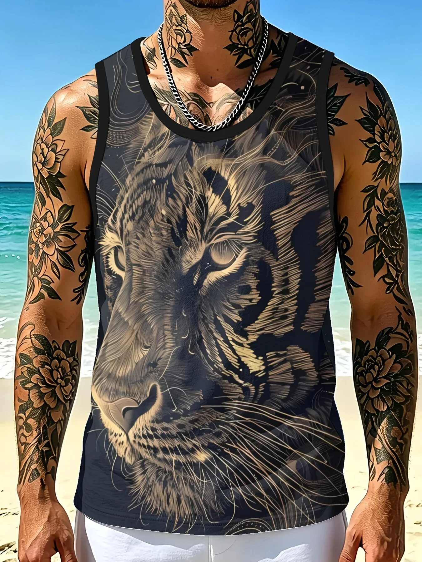 Trendy Wild Tiger Lion Pattern Print Men Sleeveless Vests Funny Animal Graphic Tank Tops Summer Street Hip-hop Men's Y2k Clothes