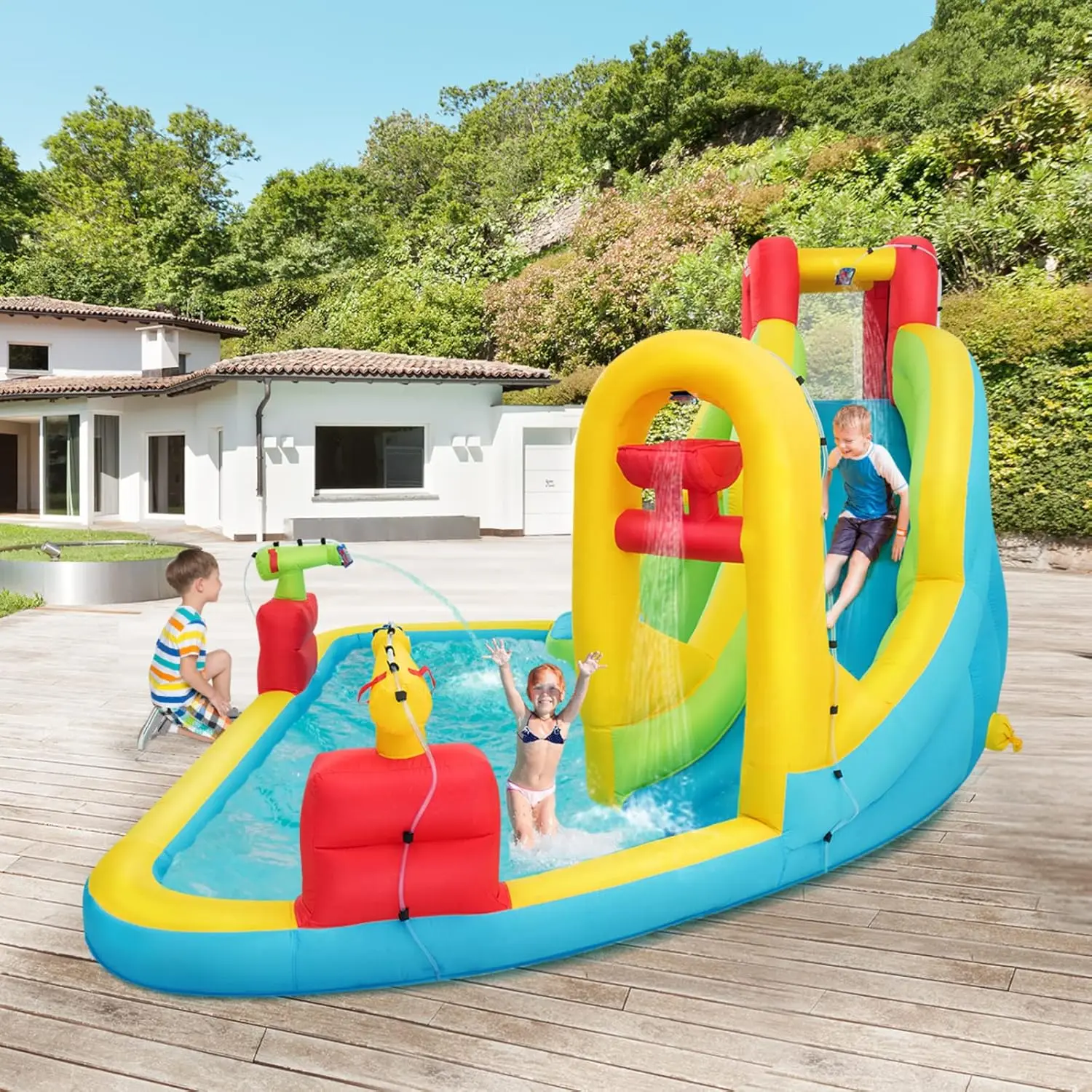 Opblaasbare Waterglijbaan, Mega Waterglijbaan Park Voor Kinderen Achtertuin Familie Plezier Met Splash Zwembad, Waterbassin, Klimmen, Opblazen Water